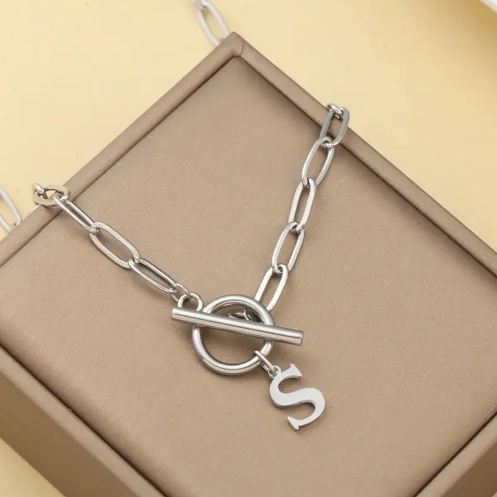 18 KT Gold Over Titanium Initial Toggle Clasp Necklace "S"